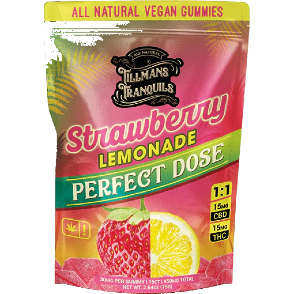 Tillmans Tranquils Strawberry Lemonade THC Gummies, 15mg CBD, 15mg THC