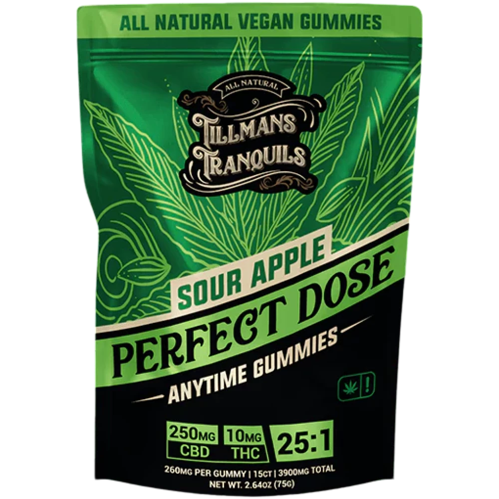 Tillmans Tranquils Sour Apple 260mg Gummies - 25:1 - 15 Count - 250mg CBD, 10mg THC
