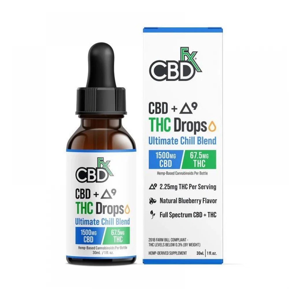 CBDfx Delta-9 THC Oil Drops + CBD: Ultimate Chill Blend - 30ml, 1500mg CBD, 67.5mg THC
