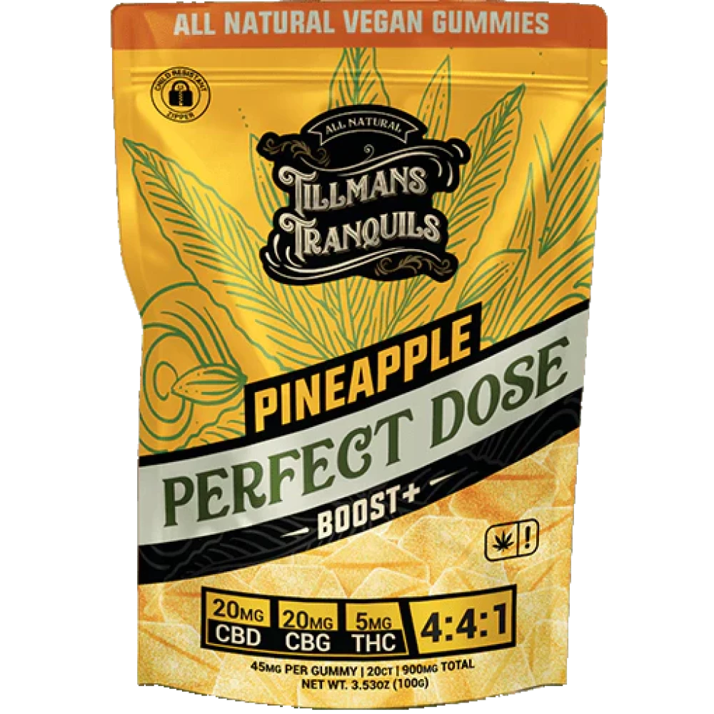 Tillmans Tranquils Mood Gummies Pineapple Perfect Dose - 20 Count,  20mg of CBD, 20mg of CBG, and 5mg of THC