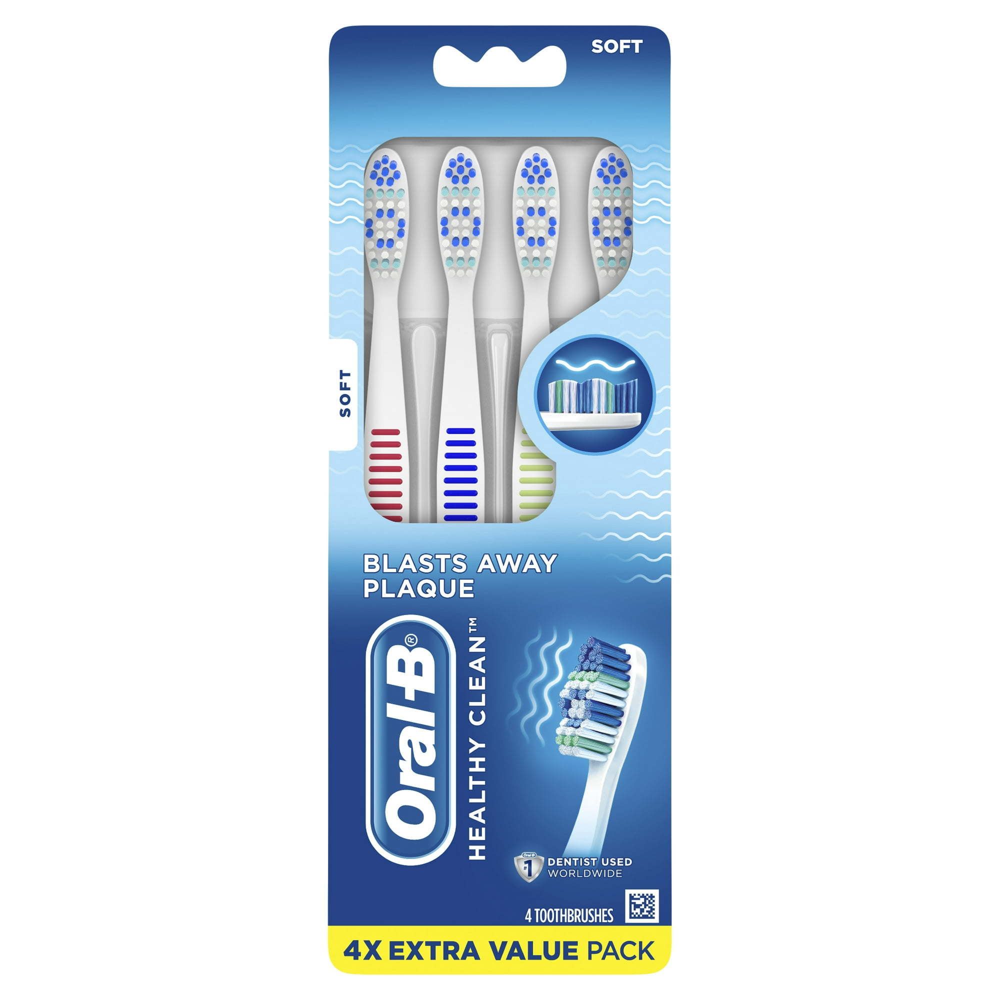 Oral B Healthy Clean Toothbrushes, Blasts Away Plaque, Soft, 4 Count, for Adults and Children 3+
