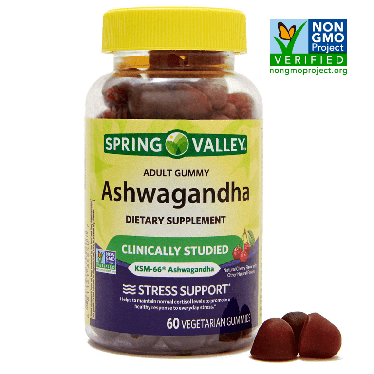 Spring Valley Non GMO KSM 66 Ashwagandha Vegetarian Gummies, Cherry, 60 Count