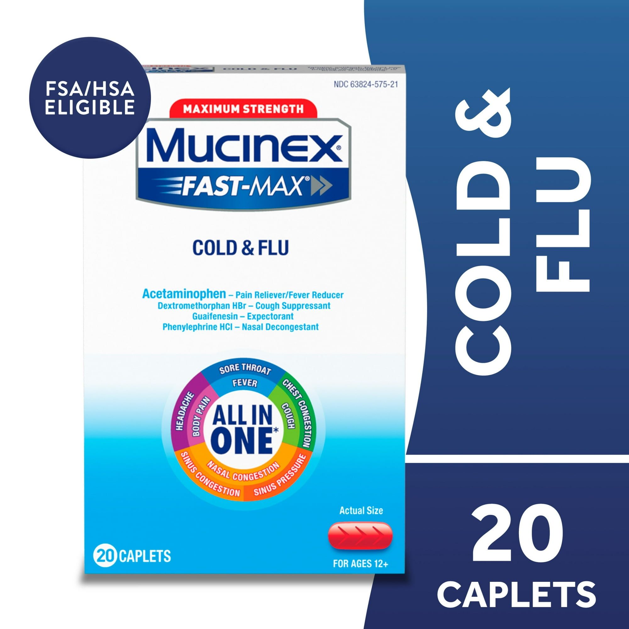 Mucinex Fast Max Cold and Flu Medicine, OTC Cough & Sore Throat Relief, Expectorant, FSA, 20 Caplets
