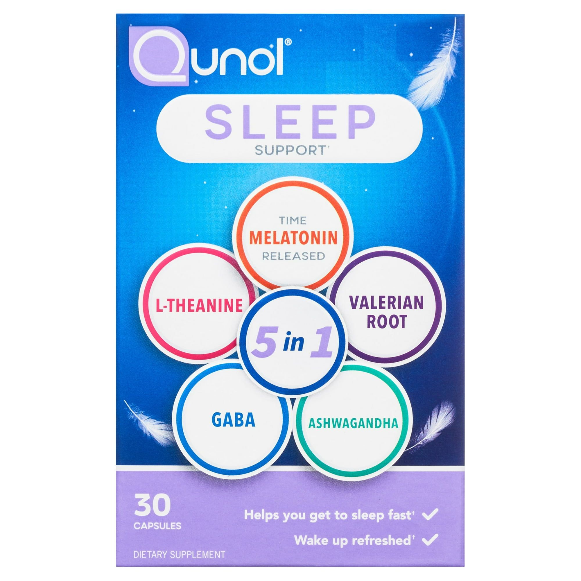 Qunol Sleep Support, 5 in 1 Non Habit Forming Sleep Aid, Supplement with time released Melatonin 5mg, Ashwagandha, GABA, Valerian Root, L Theanine, 30ct Capsules
