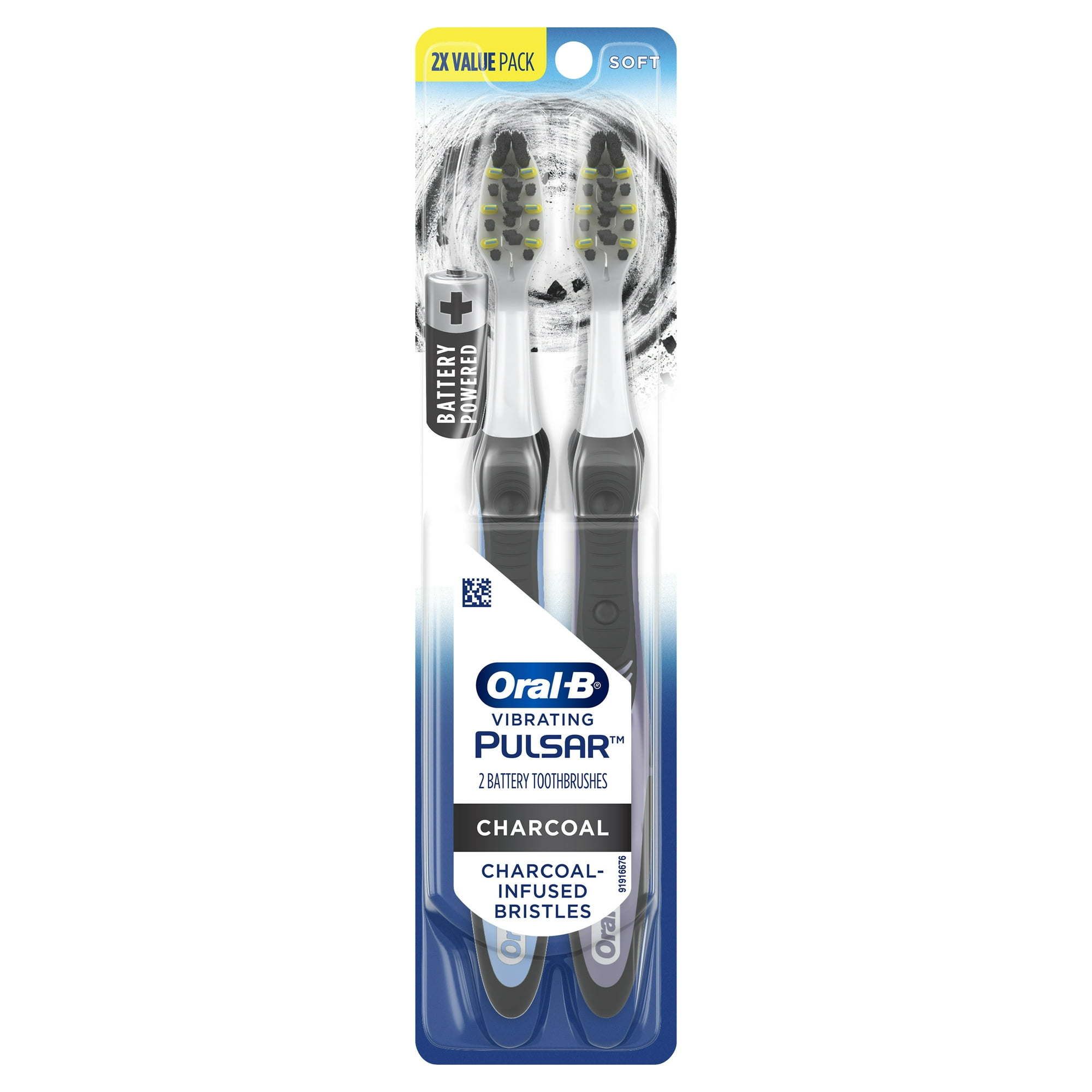 Oral B Pulsar Full Head Battery Toothbrush, Charcoal Infused Bristles, Soft, 2 Count, for Adults & Children 3+