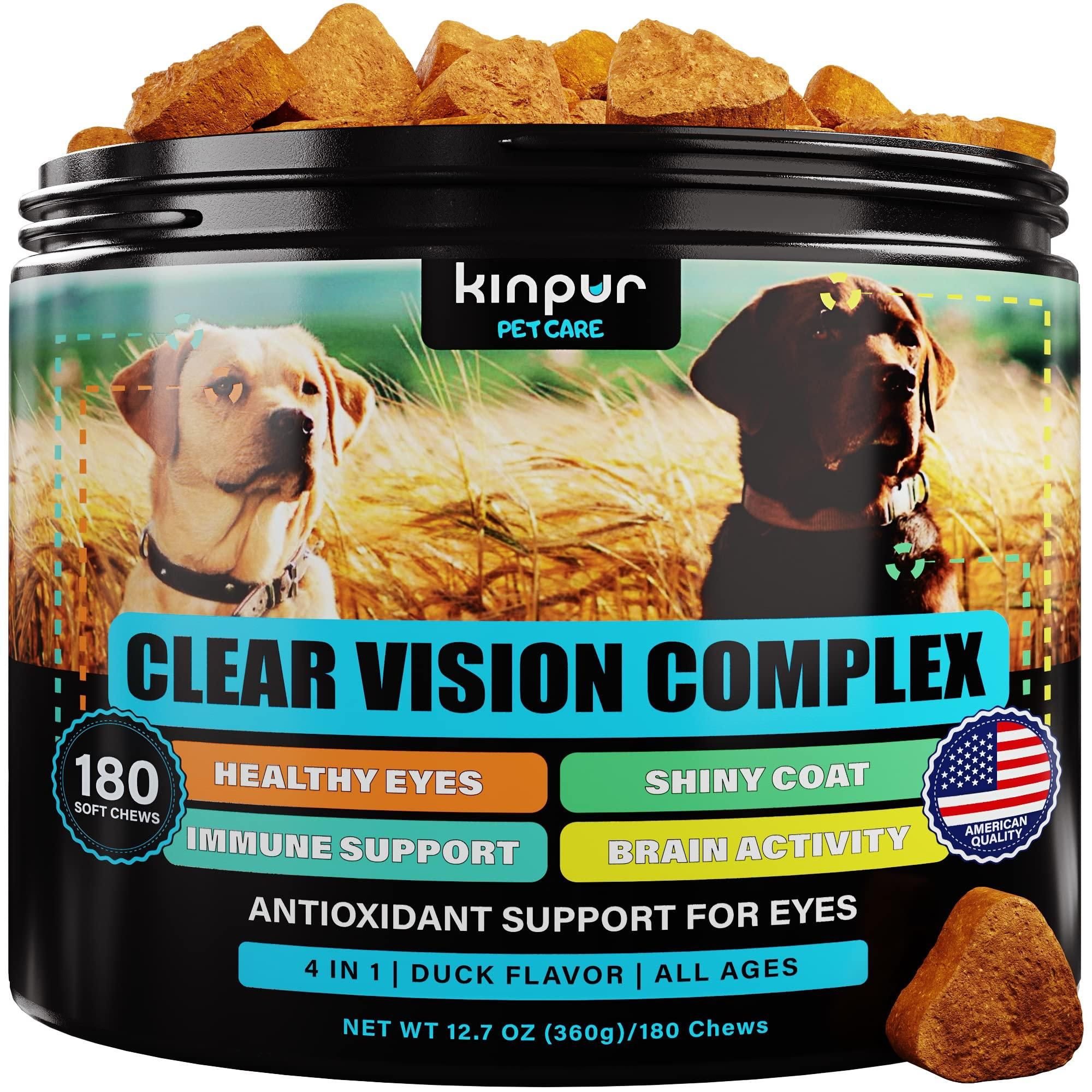 Kinpur Pet Care Eye Vitamins for Dogs Dog Vision Supplement for Tear Stains Dog Eye Care Immune Support Vitamin С Carrot Fish Oil Lutein 180 Soft Chews with Duck Flavor for All Breeds and Ages