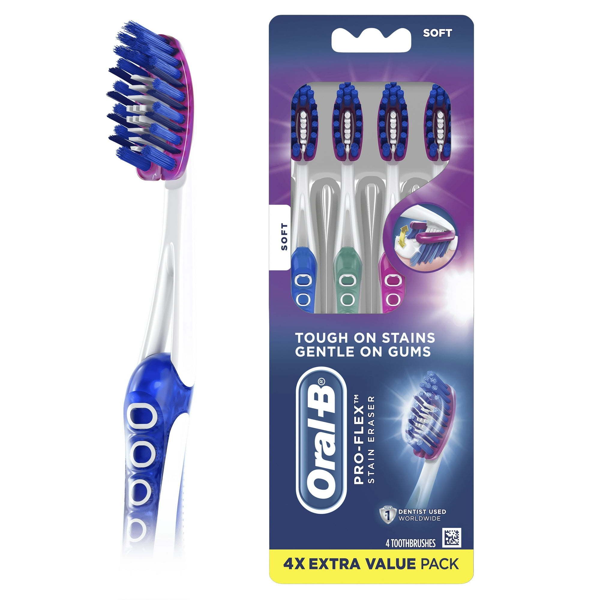Oral B Pro Flex Stain Eraser Manual Toothbrush, Soft, 4 Ct, for Adults and Children 6+