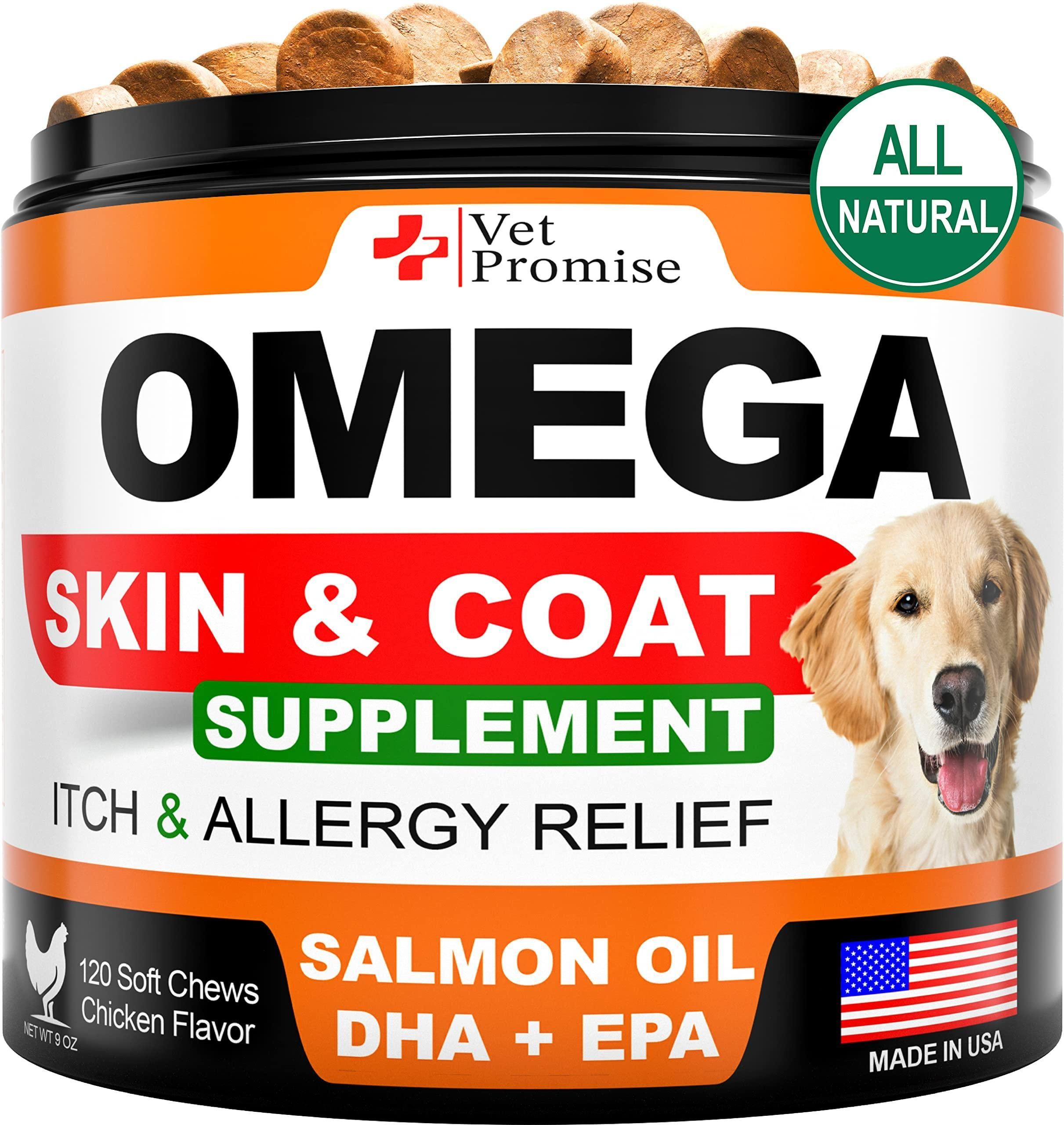 Vet Promise Omega 3 for Dogs Dog Skin and Coat Supplement Fish Oil for Dogs Chews Allergy and Dog Itch Relief Dog Anti Shedding Supplement Dog Dry Skin Treatment Salmon Oil Made in USA 120 Treats