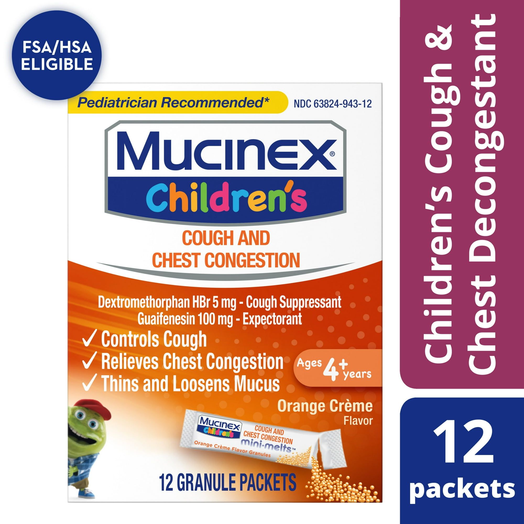 Mucinex Children's Cough Medicine & Expectorant for Kids, OTC Relief, Orange Crème Flavor Mini Melts, 12 ct